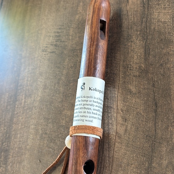 Native American Kokopelli Wooden Flute with Feather Accents - Picture 2 of 5